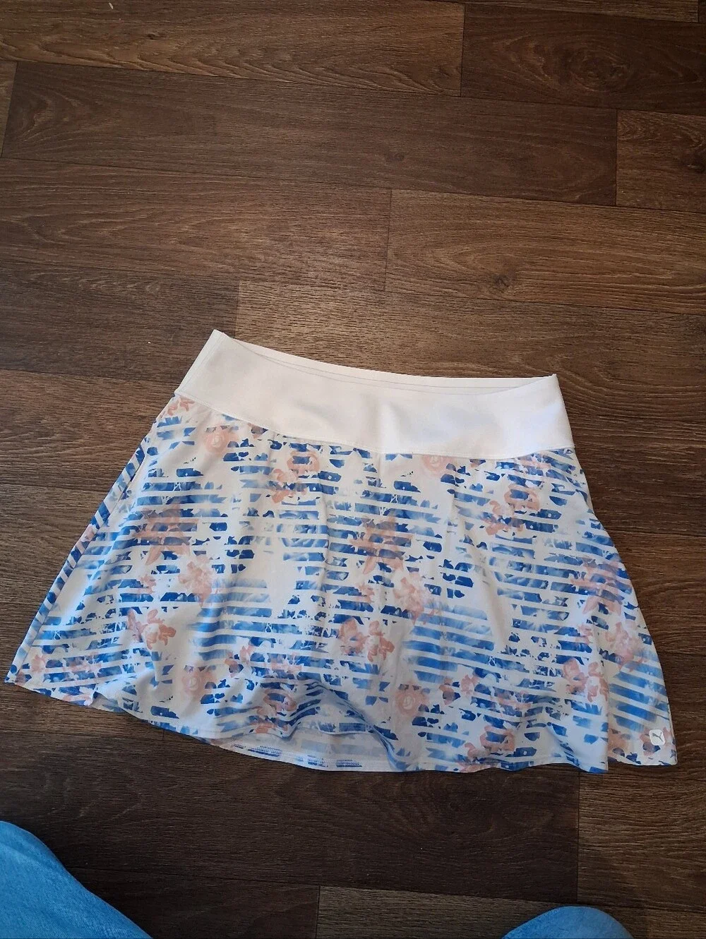 Puma White Waist Blue-Striped Floral Skater Skirt